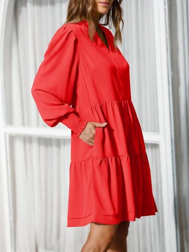 Image of Imily Bela Womens Fall Long Sleeve Tunic Dress Casual V Neck Tiered Dress | Loose,Swing,A-Line,Ruffled Collar,Puff Balloon Sleeve,Smocked Elastic Cuffs,Tiered Layered Ruffle Hem,Babydoll,Loose,Mini