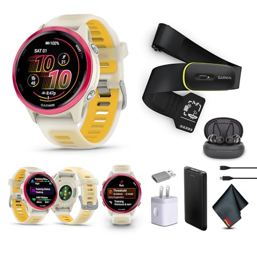 Garmin Forerunner 570 Running Smartwatch, 42MM WiFi, GPS Fitness Smart Watch for Men and Women, Raspberry Aluminum with Translucent Bone/Mango Band​ + Access 600 Fitness Monitor, XS-S​​ + More