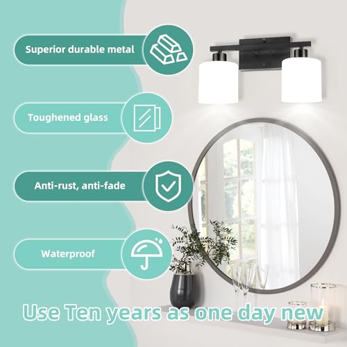 Image of SILAMPDI 2-Light Bathroom Lighting Fixtures, Black Modern Vanity Lights Wall Lamp with Milky White Glass Shades for Mirror Kitchen Living Room Hallway Cabinet Porch, Bulbs Not Included