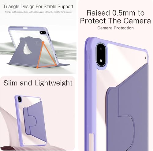 Image of TGK Rotating Case Cover for OnePlus Pad 3 13.2 inch Tablet, Pad 2 Pro, Pad 4 Pro with Pencil Holder Trifold Stand Cover Clear Back (Lavender)