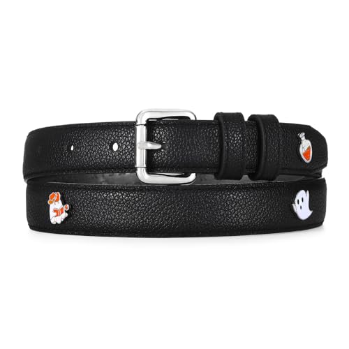 RISANTRY Black Belt with Silver Buckle Leather Halloween Witche Ghost Pumpkin Metal Accessories Ideal Holiday Gift Halloween Cosplay Belt - image 1