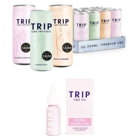 My First TRIP II - TRIP CBD Infused Fizzy Drink: Mixed Pack (Pack of 12 x 250 ml) & TRIP CBD Oil 1000 mg: Orange Blossom (Pack of 1 x 15 ml) Cover