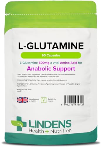 Lindens - L-Glutamine 500mg, 90 Capsules - UK Made - Anabolic Support, Muscle Recovery & Tissue Repair - Amino Acid Source, Rapid Release - Letterbox Friendly, Vegan