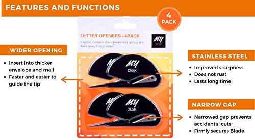 My Desk Letter Opener - World's Most Efficient Envelope Opening Tool, Mail Slitter with Stainless Razor Blade Paper Knife - 4 Pack