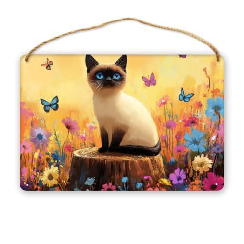 CDSASHCA Bright Flower Garden Siamese Cat Wooden Sign 12x8 Inch – Cottage Core Decor for Pet Lovers, Cozy Living Room Accent, Great Gift for Cottage Home Enthusiasts