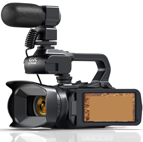 64MP 6K �r�f�I�J�����A4.0 �C���` 270 �x��]�^�b�`�X�N���[�� 18X 4K UHD �v���t�F�b�V���i���f�W�^���r�f�I�J�������C�u�X�g���[�� Wifi �E�F�u�J���� Vlog�B�e(128G SD,With Mic)