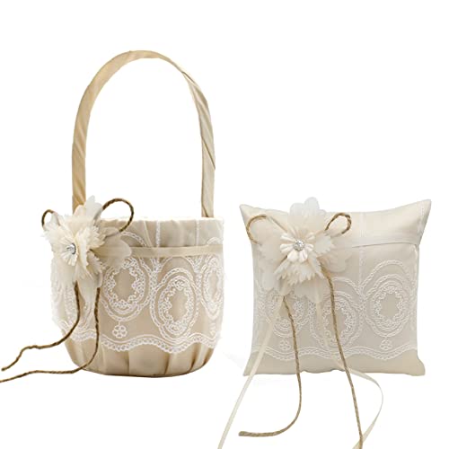 WIVAYE Juego de cesta y almohada de anillo para niña de flores, cesta de algodón champán con asa, cojín de anillo de encaje de seda para decoración de bodas, aniversarios y fiestas