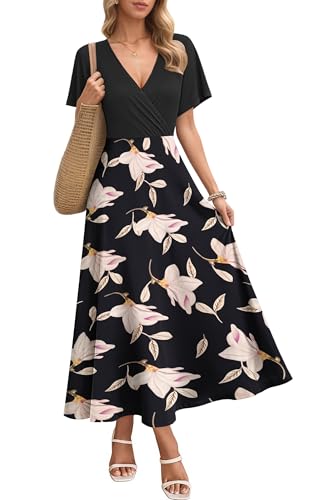 AUSELILY Boho Kleid Damen Lang Bodenlang Hohe Taille Lässiges Lockeres Sommerkleid mit Taschen Schwarz Prunkwinde S 1