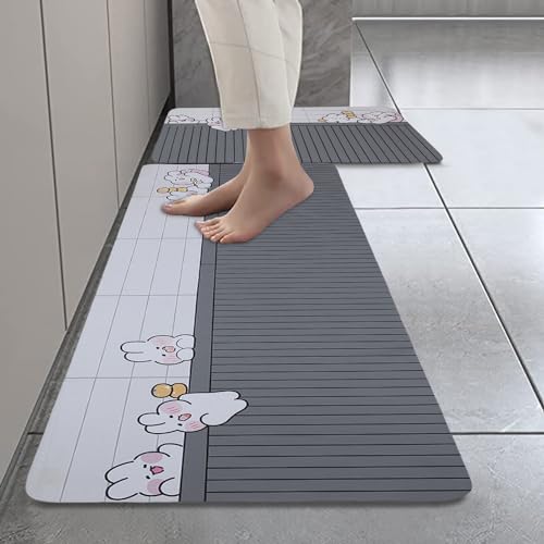 Image of HomeCloud Rubber Kitchen Mats for Floor Set of 2 Pcs | Non-Skid, Soft Absorbent Rugs for Kitchen, Laundry, and Hallway | 120x40cm, 40x60cm| 4mm Thickness (Bunnies Grey)