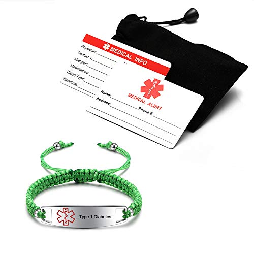 Image of JF.JEWELRY Pre-Engraved Type 1 Diabetes Medical Alert ID Bracelet | Nylon Rope Braided Medical Alert Bracelet, 6.0-8.5 Inches Adjustable