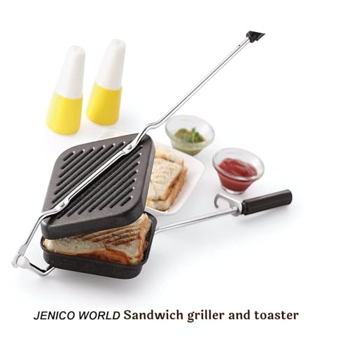 Image of Non-Stick Grill Sandwich Toaster with Nylon Brush | Gas Stove Compatible, Easy to Clean, Ideal for Grilled Sandwiches, Paninis & Tikkas | Durable Aluminium Body | Black