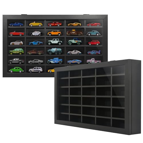 Image of Americanflat 11x18 Toy Car Display Case - Holds up to 30 Cars - Model Car Displays with Removable Shelves and Shatter-Resistant Glass - Wall Mounted Display Cases for Collectibles - Black