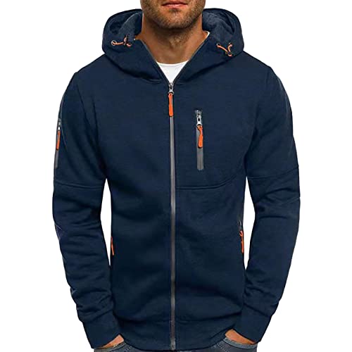 Maiyifu-GJ Fleece Hoodies for Men Long Sleeve Full Zip Up Sports Sweatshirt Lightweight Slim Fit Hoodie with Zip Pockets (Dark Blue,Small)
