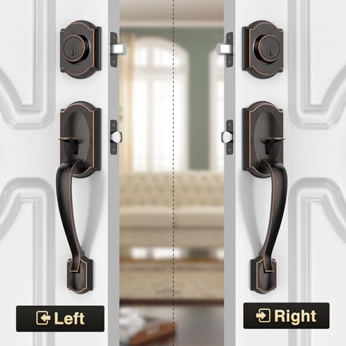 Image of Front Door Lock Set, Front Door Handle and Deadbolt Set, Vintage Exterior Door Lock Set, Front Door Handle with Single Cylinder, Reversible for Right & Left, Oil Rubbed Bronze