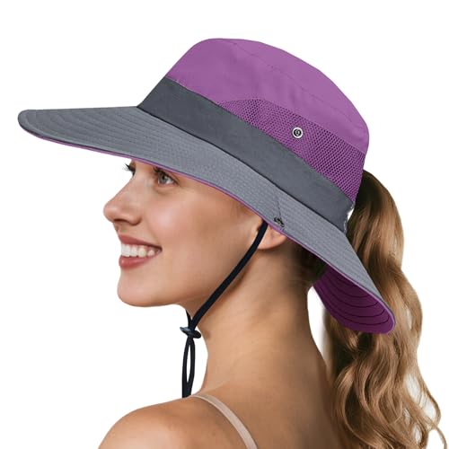 Image of NPQQUAN Ponytail Sun Hats for Women UPF 50+ Wide Visor UV Protection Packable Hat for Beach Hiking Gardening