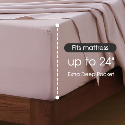 HYPREST Extra Deep Pocket Queen Sheet Sets Fits 18"-24" in Deep Mattress -100% Cotton Queen Sheet Set,Pink Hotel Luxury Soft Wrinkle Free Cooling Sheet Sets for Queen Bed Deep Pocket