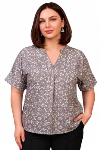 Image of SINDOORI Relaxed Fit Tops for Women Plus Size Solid Printed Mandarin Collar, Band Collar, V-Neck Top, Half Sleeve Loose Fit