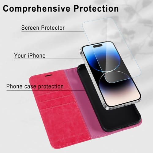 Image of MONASAY Vegan Leather Fit for iPhone 14-Pro 5G Wallet Case, 6.1-inch, [Glass Screen Protector Included] [RFID Blocking] Flip Folio Phone Cover with Credit Card Holder,Hot-Pink