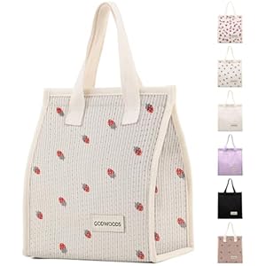 TELLUMO Corduroy Lunch Bag for Women Men Cute Lunch Bag Insulated Lunch Box with Large Capacity (7.5L) Reusable Lunchbag for Work, Picnic, Beach or Travel (S- Corduroy Strawberry)