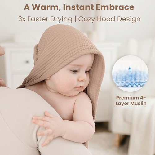 Image of Konssy 2-Pack Muslin Hooded Baby Towels, 100% Cotton, Ultra-Soft & Absorbent Baby Bath Towels with Hood for Newborn & Infant (Camel, Sun,32 inch x 32 inch)