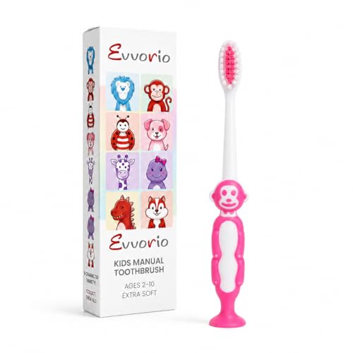 Image of Toothbrush for Kids with Ultra Soft Bristles for Oral Cleaning, Suitable For 2-12 Years Toddlers, Monkey Design, Pink, Pack of 1