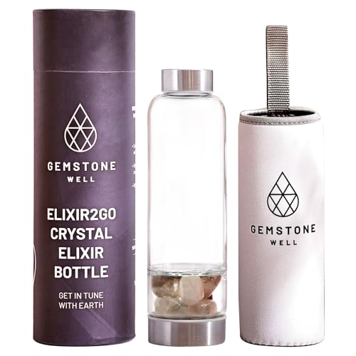 Crystal Water Bottle Elixir Set | Includes Authentic Smoky Quartz & Clear Quartz Healing Crystals | Black Neoprene Sleeve | Drink Gem Infused Water On The Go