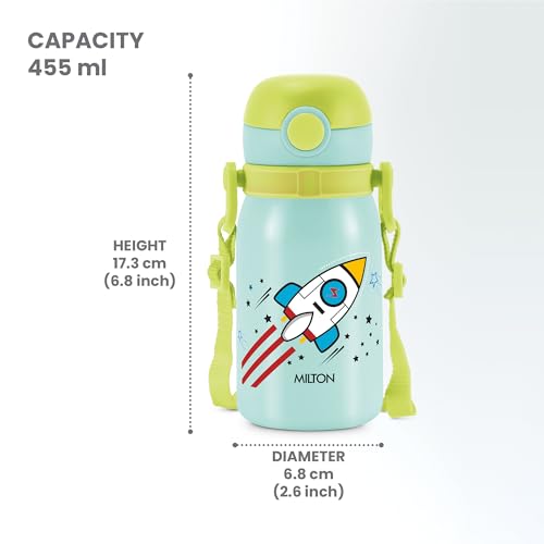 Image of MILTON Torque 450 ISI Certified Stainless Steel Water Bottle, Leak Proof, Rust Proof, Single walled,1 Yr Warranty, Ideal Sipper Water Bottle for School Kids Bottle, 455 ml, Mint Green (Rocket)