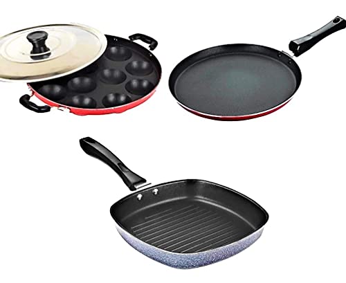 haiidra Aluminium Non-Stick Premium 3 Piece Cookware Combo Set – Appam/Dosa Tawa/Grill Flat Pan with Lid