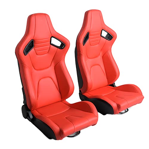 Racing Seats, 1 Pair Universal PVC Leather Racing Bucket Seats with Dual Lock Sliders for Front-Back Adjustment, Automotive Racing Sports Seats for Cars (Red)