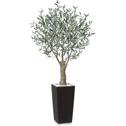 Fopamtri Olivo Artificial 180 cm Plantas Artificiales Decorativas con Frutas Realistas, Planta Artificial Grande con Marrón Maceta Protección UV para Exterior Hogar Decoración (1 Pieza)