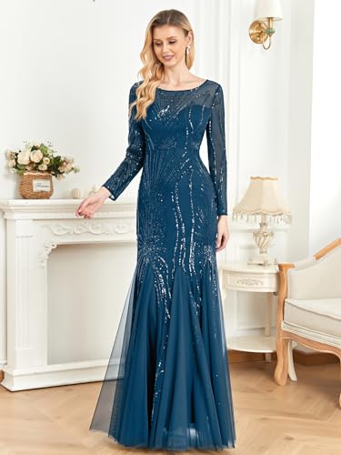 Image of Long Sleeve Sequin Evening Dress Glitter Mermaid Long Gown for Mother of The Bride Or Wedding Guest
