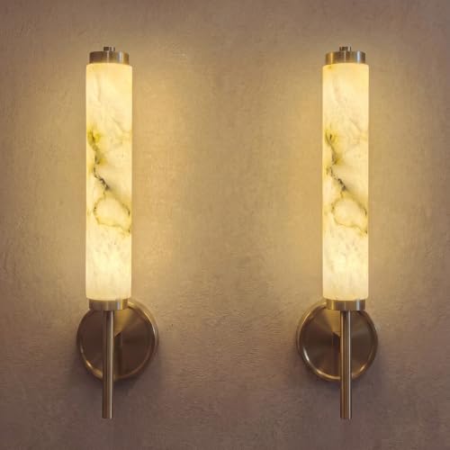 TMSSLIAHL 2PCS Alabaster Wall Sconce Light LED 3000K Modern Brass Wall Sconces with Natural Stone Shade, Indoor Wall Lights for Bathroom, Bedroom, Hallway (Single Head)