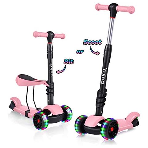 YOLEO 3-in-1 Kinder Roller Scooter mit Abnehmbarem Sitz, LED große Räder, Höheverstellbare Lenker für Kleinkinder Jungen Mädchen ab 2 Jahre(Rosa) Cover