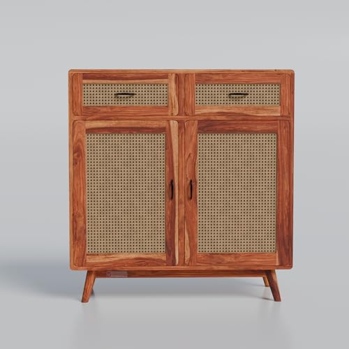 Image of DRIFTINGWOOD Amber Solid Sheesham Wood Sideboard Cabinet | 2-Door Storage Console with 2 Drawers for Living Room & Dining Room | Honey Finish