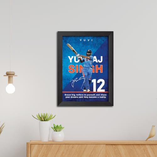 Image of TenorArts Yuvraj Singh Poster with Quotes Indian Legend Cricket Player Photo Frame Painting with Matt Finish Black Textures (12 inches x 9inches)