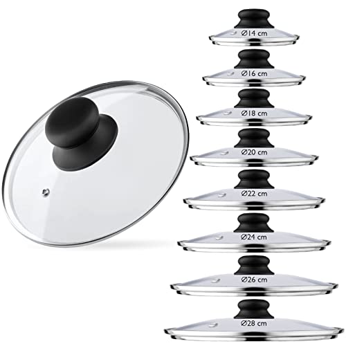 Couvercle casserole 14 cm en verre universel, résistant et transparent, trou vapeur, poignée revêtement silicone, va au Lave-vaisselle, pour poêle et faitout, autres tailles 16/18/20/22/24/26/28/30cm