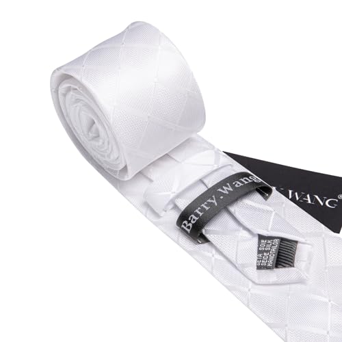 Image of Barry.Wang Plaid Ties Check Mens Necktie Set with Handkerchief Cufflinks Classic Stripe, White Solid
