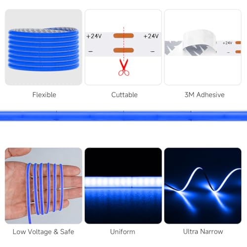 Image of 5mm Blue COB LED Strip Light DC24V Narrow Thin Flexible High Density Uniform Cob Strips 16.4FT UL Listed Dimmable CRI 90+ LED Tape Lights for Car Cabinets, No Controller /Adapter
