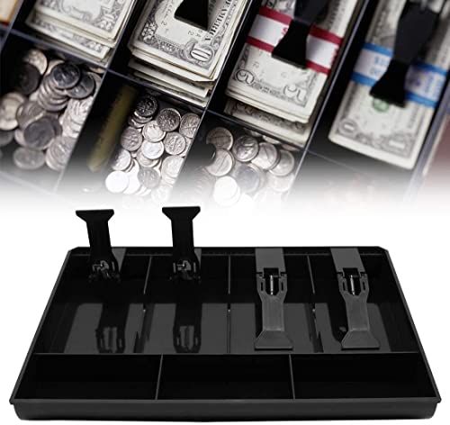 Image of Cash Drawer Insert Tray with 5 Bill Compartments and 4 Coin Sections, Plastic Currency Organizer with Spring Clips, Black