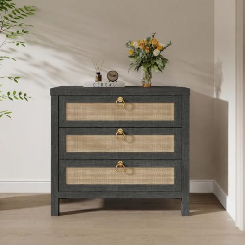 Image of Eclatara Large Rattan Night Stand Set of 2 Boho Nightstand with 3 Drawers | Black Oak Storage Bedside Table End Table Side Table for Bedroom