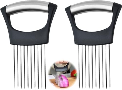Onion Holder for Slicing, Upgrade Stainless Steel Onion Slice Holder Lemon Slicer Vegetable Cutter, Assistant Tool for Slicing Fruit, Potato, Tomato and Meat (2 Pack)
