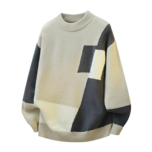 Pull automne chaud tricoté de haute densité géométrique à col rond et finitions soignées