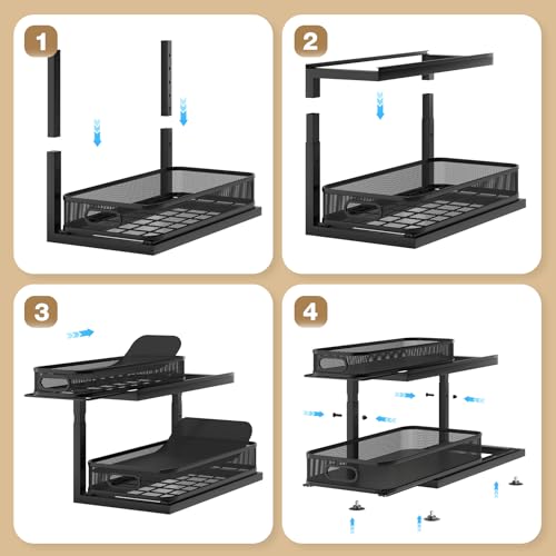 Image of 1 Pack Under Sink Storage Organizer with 2-Tier Slide Out Drawer, Sophisticated Mesh Pull Out Shelf for Kitchen & Bathroom, Fits Small Items, Upgraded Arched Track for Smooth Gliding-Black