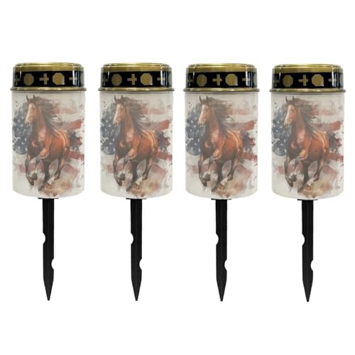 Image of Poceacles 4th of July Horse American Flag Retro Solar Powered Flameless Candle Cemetery Votive Candles Waterproof Outdoor Memorial Solar Stake Lights Home Outdoor Patriotic Decoration, 4 PCS
