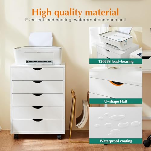 Image of 5 Drawer Chest, Storage Cabinet Dressers with Wheels, Dressers Storage Cabinets, Dresser Mobile Cabinet with Wheels, Room Organizer, Drawers Wood Organization Furniture for Office, Home, White