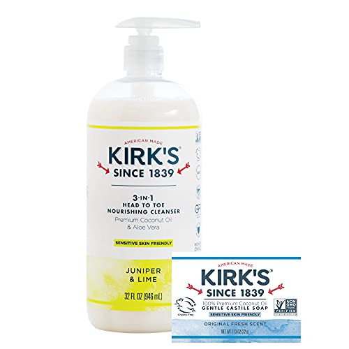 3-in-1 Castile Liquid Soap by Kirkâ€™s + Travel Size Bar Soap (1.13 oz.) | Head-to-Toe Natural Shampoo, Face Soap & Body Wash for Men, Women & Children | Juniper & Lime Scent | 32 Fl Oz.