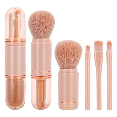 Molain Retractable Makeup Brush, 4 in 1 Portable Travel Lip Brush, Highlight Brush, Eyeshadow Brush, Foundation Blending Powder Brush Mini Facial Cosmetic Makeup Brush Set (Pink) Cover