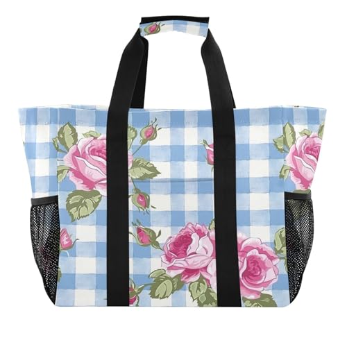 YETTASBIN Rose Plaid Large Foldable Travel Tote Bag, Lightweight Waterproof Swim Pool Bag with Handles & Pocket for Beach Outdoor, Reusable Grocery Bag for Kitchen, Shopping2
