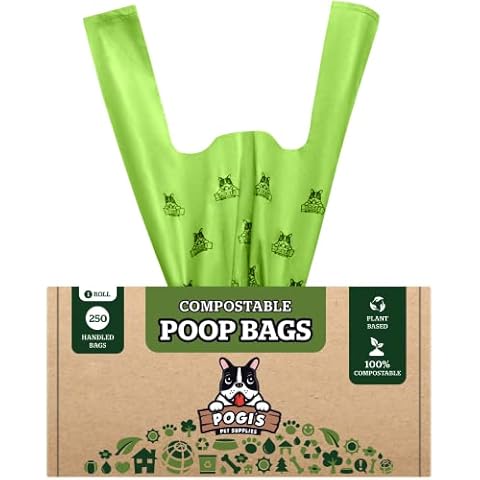 Pogi's Compostable Dog Poop Bags with Handles - 250 Doggie Poop Bags with Easy-Tie Handles - Leak-Proof Dog Waste Bags, Plant-Based, ASTM D6400, EN 13432 Certified Extra Large Poop Bags for Dogs Cover