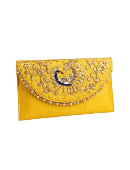 chand craft Women's Embroidered Peacock Clutch Purse, Ethnic Handcrafted Potli Style Envelope, Pearl and Beaded, for Wedding, Festive and Bridal Use-picture-43